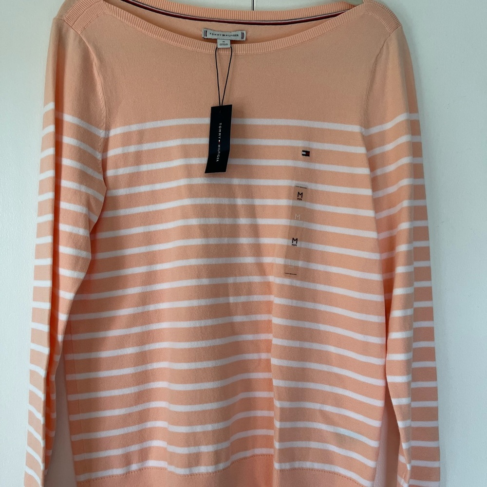 Tommy Hilfiger Women's Coral and White Striped Long Sleeve Tee